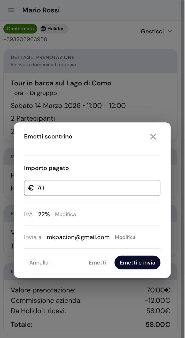 Emetti scontrini dalla pagina prenotazione