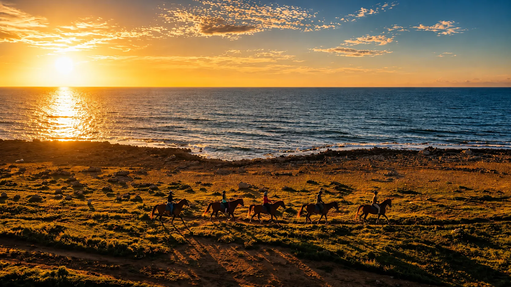 Passeggiata a cavallo lungo la costa di Macari al tramonto